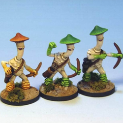 Mushiman Archers by Crooked Dice, a set of three white metal 28mm scale miniatures for your RPG or tabletop game representing mushroom creatures holding bows with bags at their side filled with arrows.&nbsp;