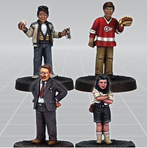 Cool Kids by Crooked Dice a set of four white metal 28mm miniatures for your tabletop games representing three modern dressed children and one adult in a suit and tie, one child holds a hotdog and one holds a baseball and a set of keys