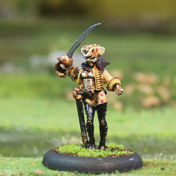Rademaster 2 by Oakbound Stuido. A lead pewter miniature of a female wearing a mask and carrying a sword weapon for your tabletop and RPGs. 