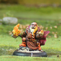 Dutki of Bahkka Guild by Oakbound Studio. A lead pewter miniature of a gnome holding a flaming hammer