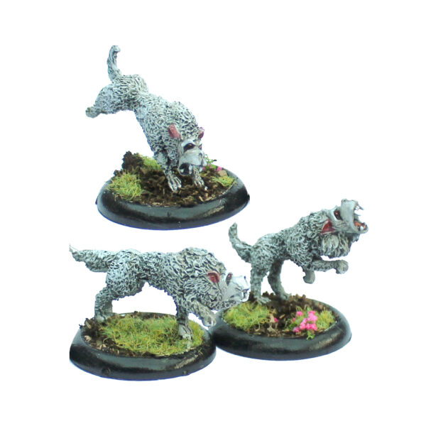 Whist Hounds by Oakbound Studio. A pack of three lead pewter miniatures of hunting dogs in characterful poses, great for your tabletop and RPGs.
