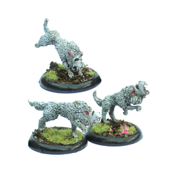 Whist Hounds by Oakbound Studio. A pack of three lead pewter miniatures of hunting dogs in characterful poses, great for your tabletop and RPGs. 