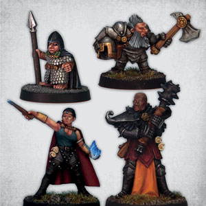 Adventurers 3 by Crooked Dice. A set of four 28mm metal miniatures of classic adventurers being a female halfling, sorceress, dwarf and fighter for your RPG and tabletop games.