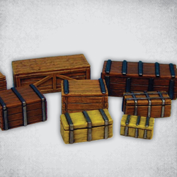 Crates Set by Crooked Dice containing 10 wooden crate miniatures to decorate your gaming table, add to your diorama, or as scatter for your RPG. Sculpted by Iain Colwell, cast in resin and provided unpainted.      