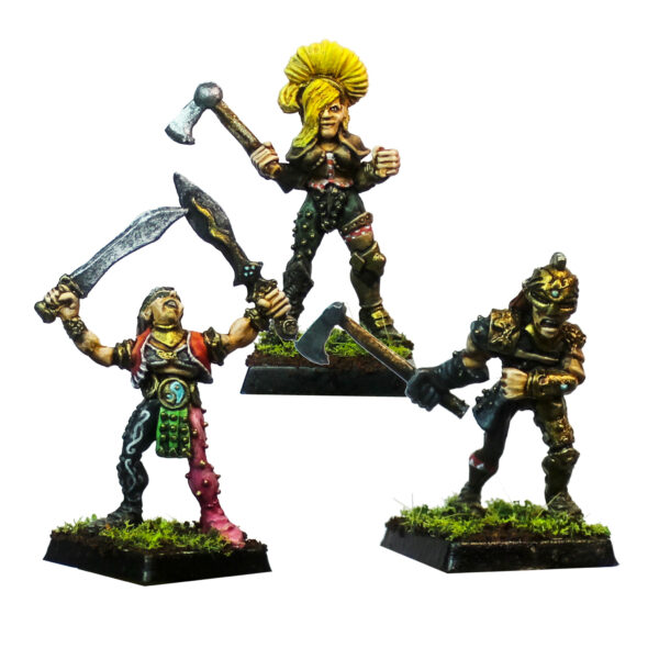 Fae Walker Deputies by Oakbound Studio. A pack of three lead pewter miniatures of fighters holding various weapons including swords and axes full of character and some great hair, great for your tabletop and RPGs.