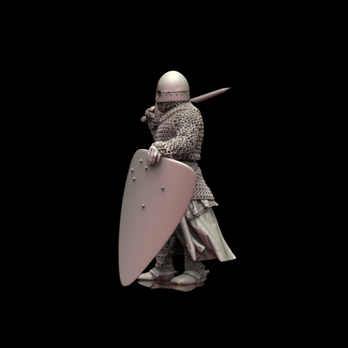 Spanish Knight by Iron Gate Scenery. A 28mm scale printed resin miniature consisting of one knight and one shield, full of character this standing knight has a sword slung over his shoulder and a shield in the ground
