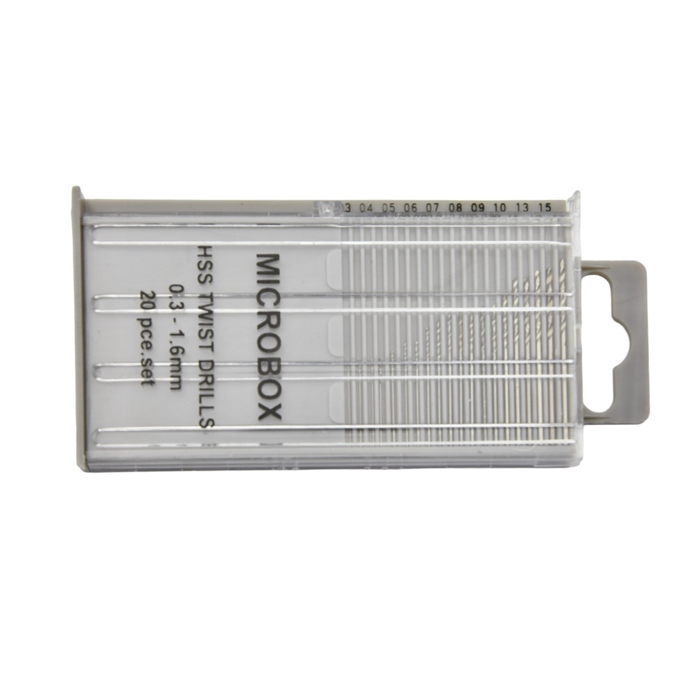 Packaged set of HSS twist drills with 'MICROBOX' branding on a white background