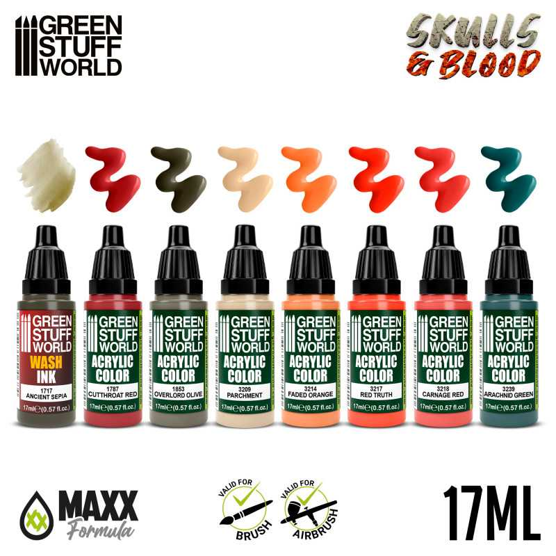 Skulls & Blood Paint Set by Green Stuff World. A set of 8 acrylic paints with an opaque and smooth matt finish. Made using the new Green Stuff World Maxx Formula and are provided in dropper bottles for easier flow control.