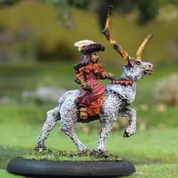 Rademaster on Fianna Bana by Oakbound Studio. A multipart lead pewter miniature supplied with a 60mm round lipped base. The rademaster sits side saddle on a majestic stag making a great edition to your tabletop.