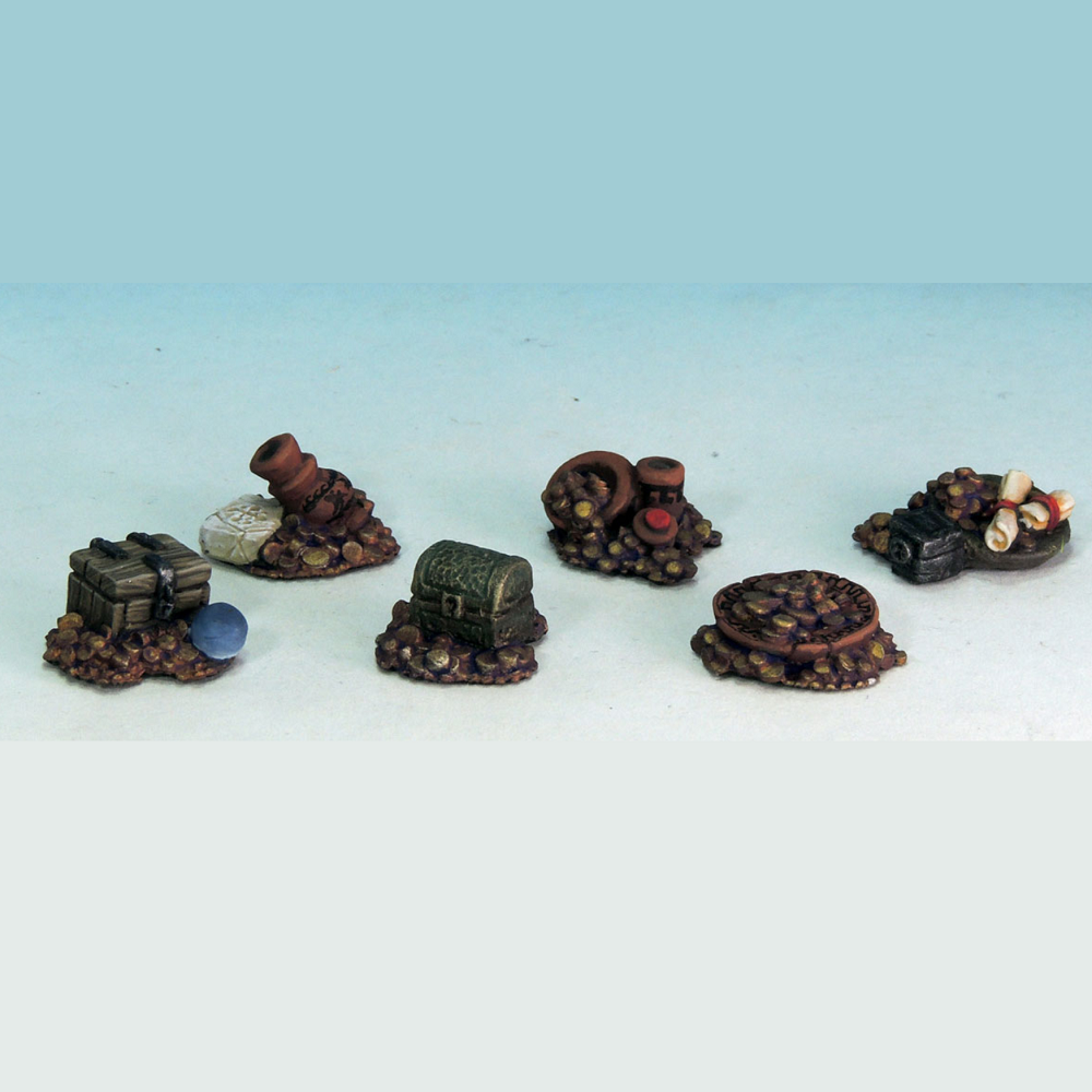 Treasure Pile Objective Tokens by Crooked Dice. A set of six metal treasure tokens cast in white metal.