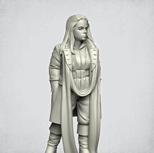 Temporal Traveller 5J by Crooked Dice a white metal miniature for your tabletop games representing a woman with shoulder length hair, wearing knee high boots, extra long scarf and has her hands in the pockets of her coat.