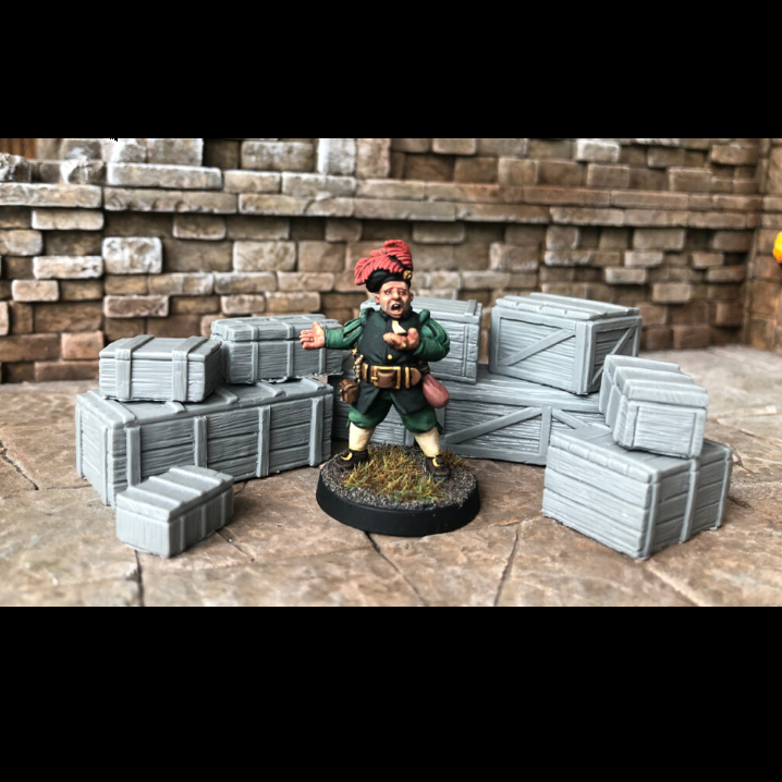 Crates Set by Crooked Dice containing 10 wooden crate miniatures to decorate your gaming table, add to your diorama, or as scatter for your RPG. Sculpted by Iain Colwell, cast in resin and provided unpainted.