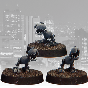 Robo-Rodents 3 by Crooked Dice. A set of three metal figures representing mechanical dog like creatures with two back legs and jaggered jaws making a great edition to your RPGs and tabletop gaming.