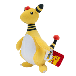 A 12" Ampharos Pokémon plush making a great gift for a fan of the electric, light Pokémon. A yellow Pokémon with black banding and red head and tail detail.