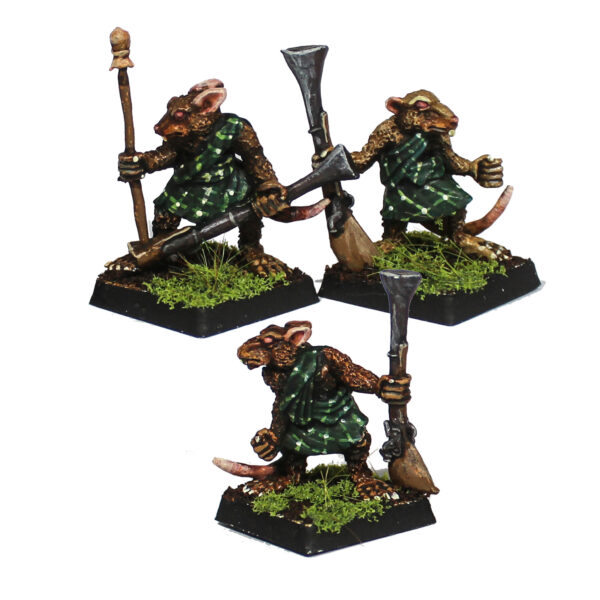 Muskrats by Oakbound Studio. A set of three lead pewter miniatures of Gnawloch rat warriors with muskets, various poses and full of character