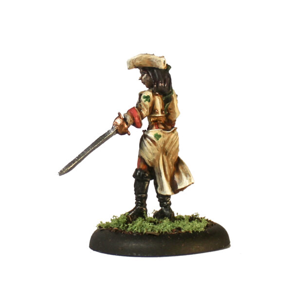 Cacciatore 3 by Oakbound Stuido. A lead pewter miniature of a female with her hair down, wearing a corset, hat and suspenders, holding a sword out in front of her for your tabletop and RPGs.