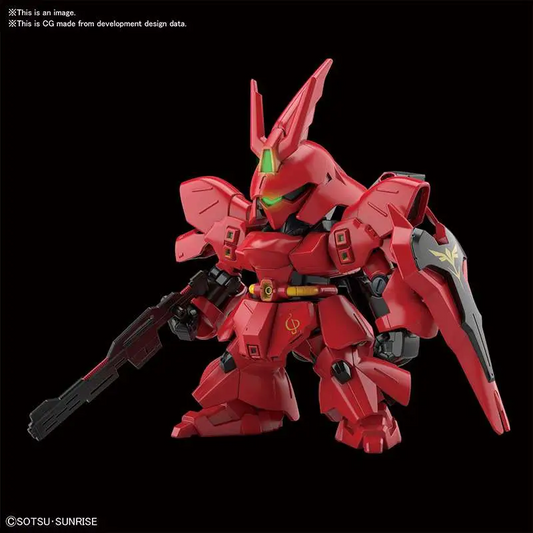 A red Gundam-style mecha figure ...