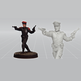 Commander Kuro by Crooked Dice a white metal miniature for your tabletop games representing a solider holding two guns in a moving stance.