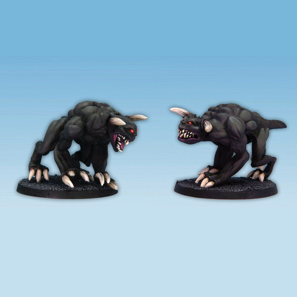 Demonic Dogs by Crooked Dice, two 28mm scale resin miniatures representing a pair of hell hound creatures with pointed teeth, sharp claws and horns for your RPG or tabletop game. 