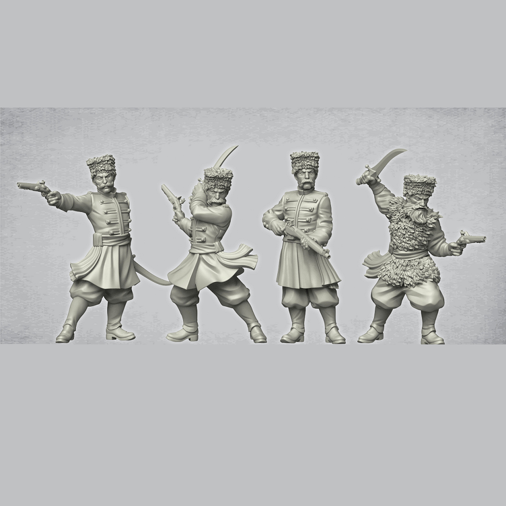 Borgo Pass Tribesmen by Crooked Dice. A set of metal figures of male soldiers wearing fur hats, boots and sporting very fine moustache for your wargames, RPGs and tabletop gaming needs.