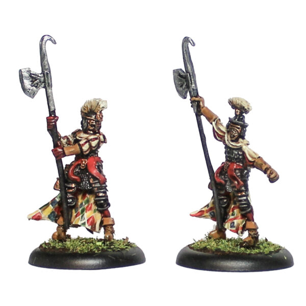 Alvi D’Arme 3 by Oakbound Studio. A pack of two lead pewter miniatures holding polearm style weapons, wearing armour and headdresses, great for your tabletop and RPGs.