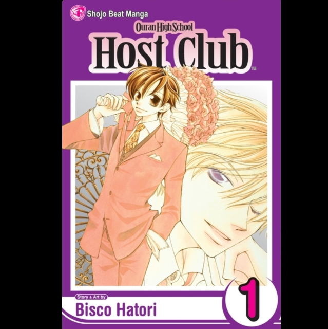 Manga volume cover for 'Ouran High School Host Club' volume 1, featuring illustrated characters in a purple border design with the Shojo Beat Manga logo.