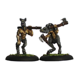 Hobyahs 2 by Oakbound Studio. A pack of two lead pewter miniatures representing donkey headed servants with human torsos and donkey legs holding axes and full of character, great for your tabletop and RPGs. 