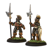 Alvi D’Arme 1 by Oakbound Studio. A pack of two lead pewter miniatures holding polearms, wearing armour and headdresses, great for your tabletop and RPGs. 