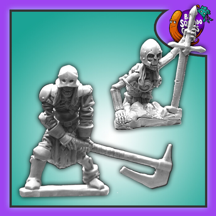 Chopper & Dawn Restless Dead, a pack of two metal miniature by Bad Squiddo Games sculpted by Shane Hoyle. Mrs MLG likes these a lot with one representing a female skeletal warrior rising from the ground using her sword as leverage and the other a skeletal warrior holding a two handed axe ready to fight making great miniatures for your tabletop gaming, diorama and RPG needs