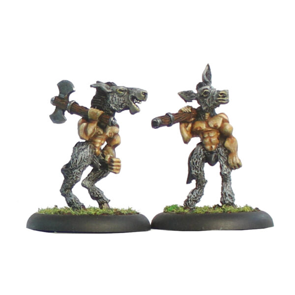 Hobyahs 1 by Oakbound Studio. A pack of two lead pewter miniatures representing donky headed servants with human torsos and donkey holding axes over their shoulders, great for your tabletop and RPGs.