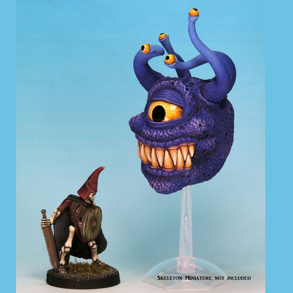 Evil Eye 1 by Crooked Dice, one 28mm scale resin miniature representing a large floating head with one large eye and another four eyeballs on stalks coming from the top of the head for your alien RPG, horror tabletop game, dungeon and more. 