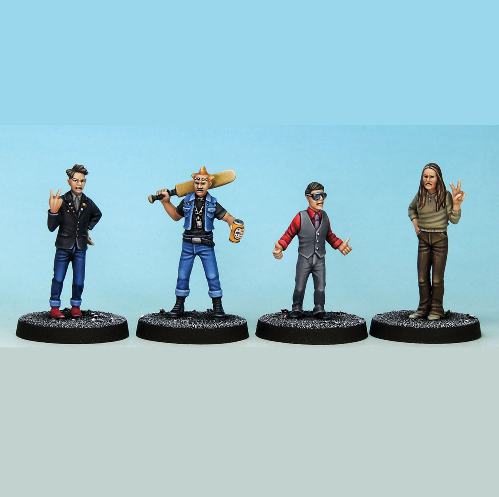 Horrid Housemates by Crooked Dice. A set of four metal miniatures of student type characters including punk and hippy. Fantastic for your cult TV tabletop game or RPG.