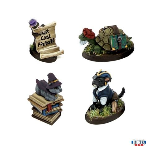 Four fantasy tabletop miniatures on a white background: a parchment scroll reading 'Just Cast Fireball' with a figure and hat, a turtle carrying a green bag, a grey rabbit on a stack of books wearing a purple hat, and a black dog in a suit with a hat, each mounted on a round base. 30284 Fancy Hat Familiars (4) Reaper Bones USA