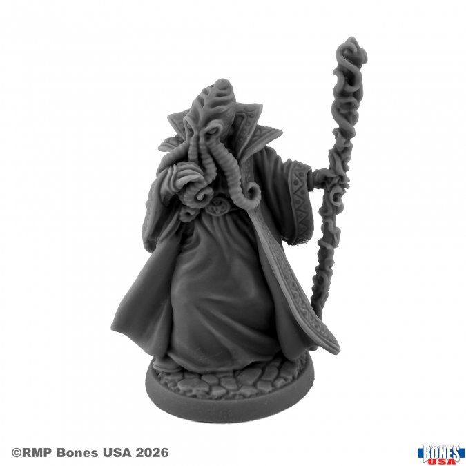 Gray miniature figurine with a staff on a white background. 30285 Reaper miniatures D'khul Mbroon, Bathalian