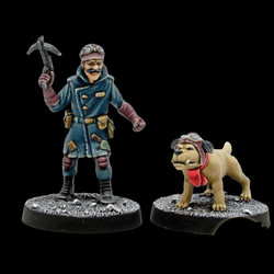 Road Agents 2 by Crooked Dice.  A set of two metal figures representing an evil racing driver and his pet dog both wearing racing goggles on their heads for your table top gaming needs.