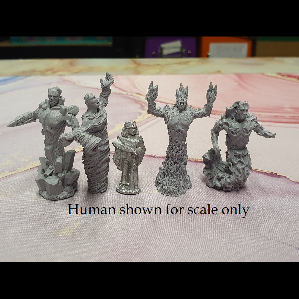 Bad Squiddo Games Elementals. A pack of four resin miniatures representing the elements of wind, fire, earth and water with humanoid faces and arms making a great edition to your RPG