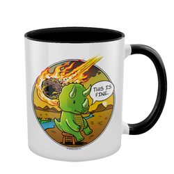 This Is Fine Dinosaur Mug. A white mug with a black handle and inner featuring an image of a triceratops sitting on a stool while a meteorite blazes towards the ground in the background and a speech bubble saying 'This Is Fine'.