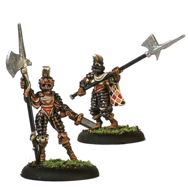 Alvi D’Arme 2 by Oakbound Studio. A pack of two lead pewter miniatures holding polearm style weapons, wearing armour and headdresses, great for your tabletop and RPGs.