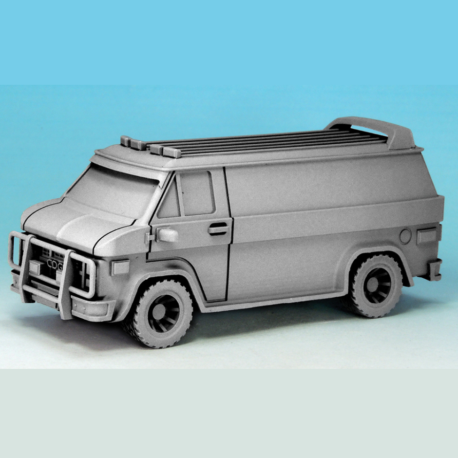 Soldiers of Fortune Van by Crooked Dice. A multi part resin kit that requires assembly to add to your tabletop gaming table and cult tv RPGs, approximately 100mm long excluding bumpers x 37mm wide and 40mm high excluding lights.