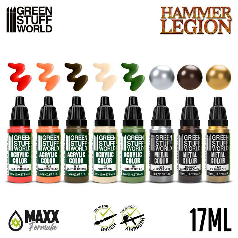 Hammer Legion Paint Set by Green Stuff World. A set of 8 acrylic paints with an opaque and smooth matt finish. Made using the new Green Stuff World Maxx Formula and are provided in dropper bottles for easier flow control.
