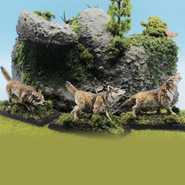 Wolves by Oakbound Studio. A pack of three lead pewter miniatures of wolves in various poses