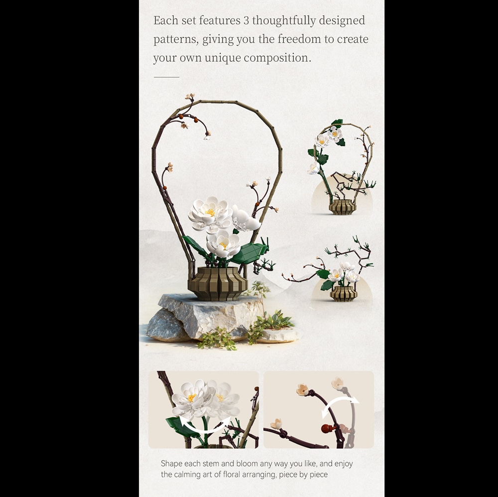 CaDA Winter Silence Oriental Floral Art - 990 Piece Brick Model Kit