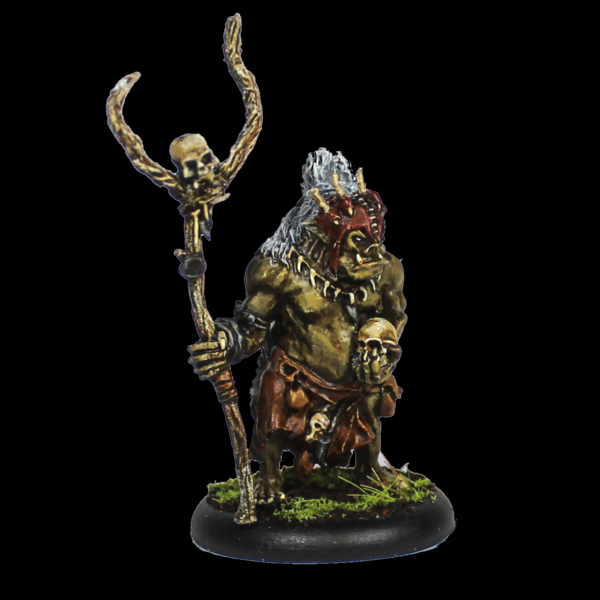 Stallu Noaidi by Oakbound Studio. A multi part lead pewter miniature of a warrior shaman holding a skull in one hand and a staff in the other