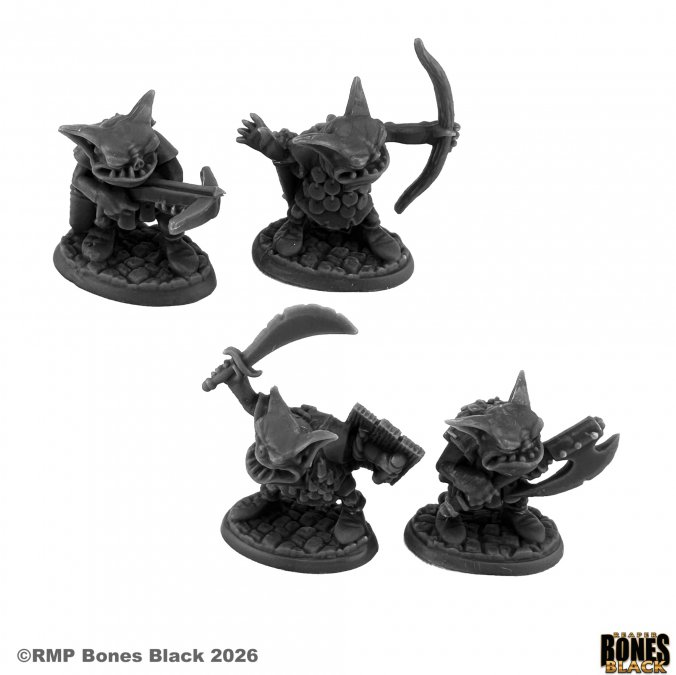 Four dark grey fantasy miniatures on a white background with 'Rampart Games' branding. 44306 Norkers (4) - Reaper Bones Black