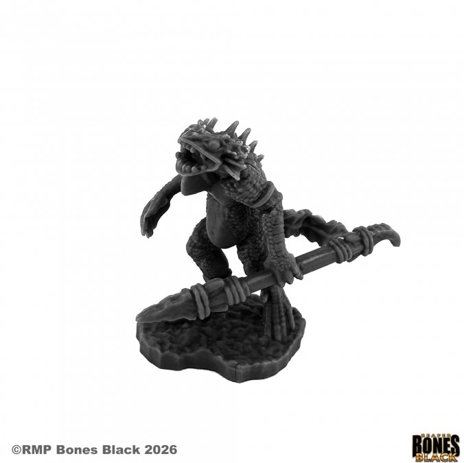 Miniature figurine of a creature with spiky helmet and weapon on a white background, featuring 'Rampart Games' branding. 44325 Troglodyte Sub-Chief - Reaper Bones Black