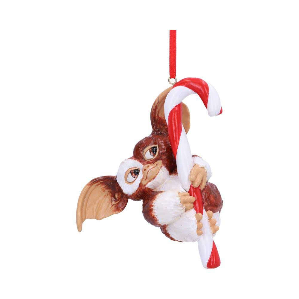 Nemesis Now Gremlins festive hanging ornament featuring Gizmo holding onto a red and white stripe candy cane. Christmas ornament