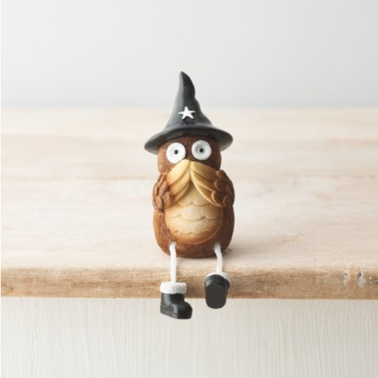 A set of three see no, hear no, speak no evil dangly leg owls wearing black witches hats