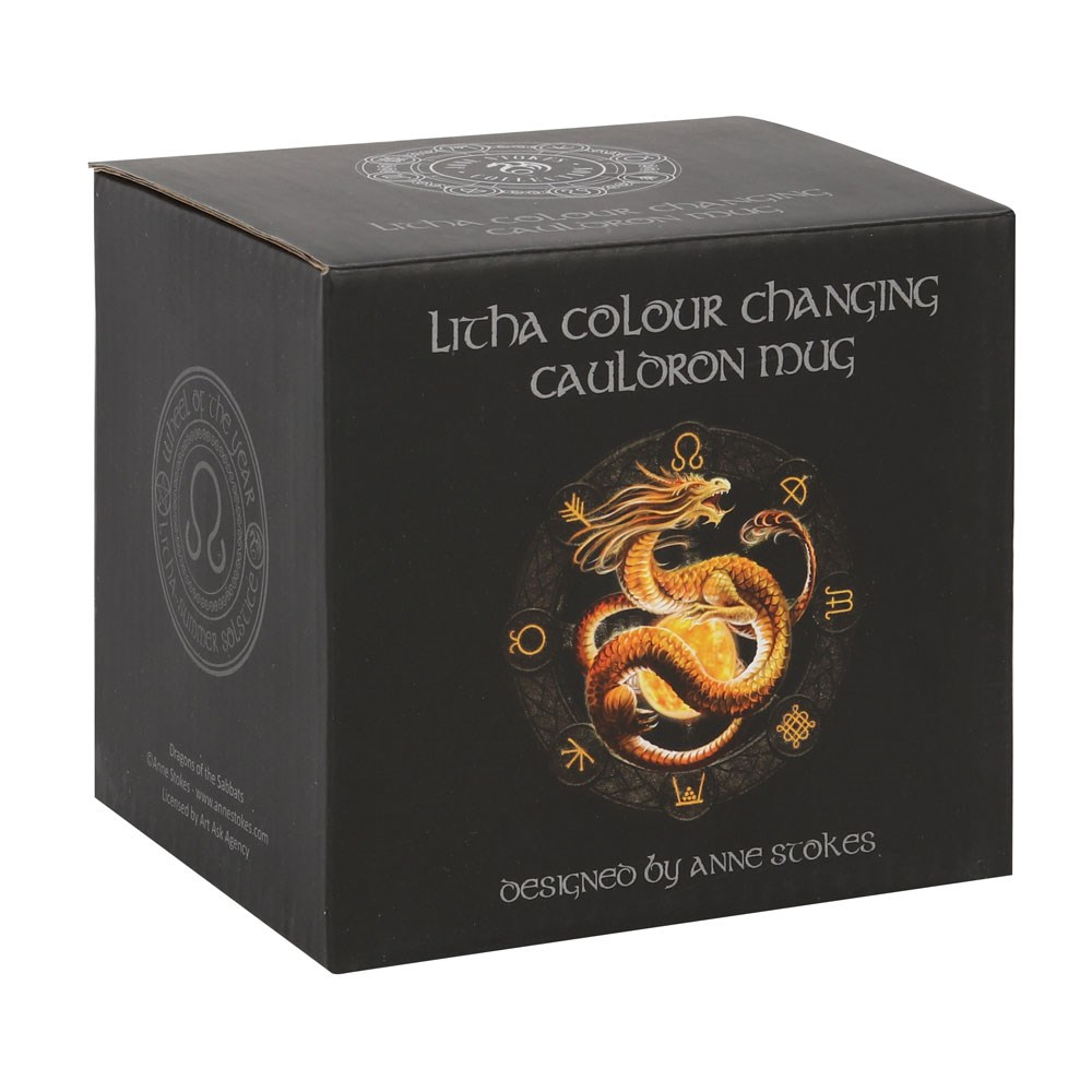 Litha Colour Changing Cauldron Mug By Anne Stokes. This black cauldron mug features Litha the symbol of the Summer Solstice