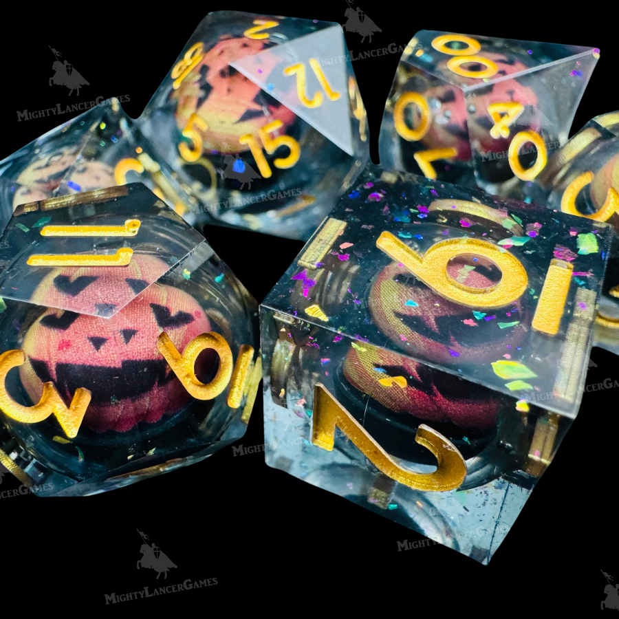 Pumpkin Liquid Core Dice in Case With Gold Numbers