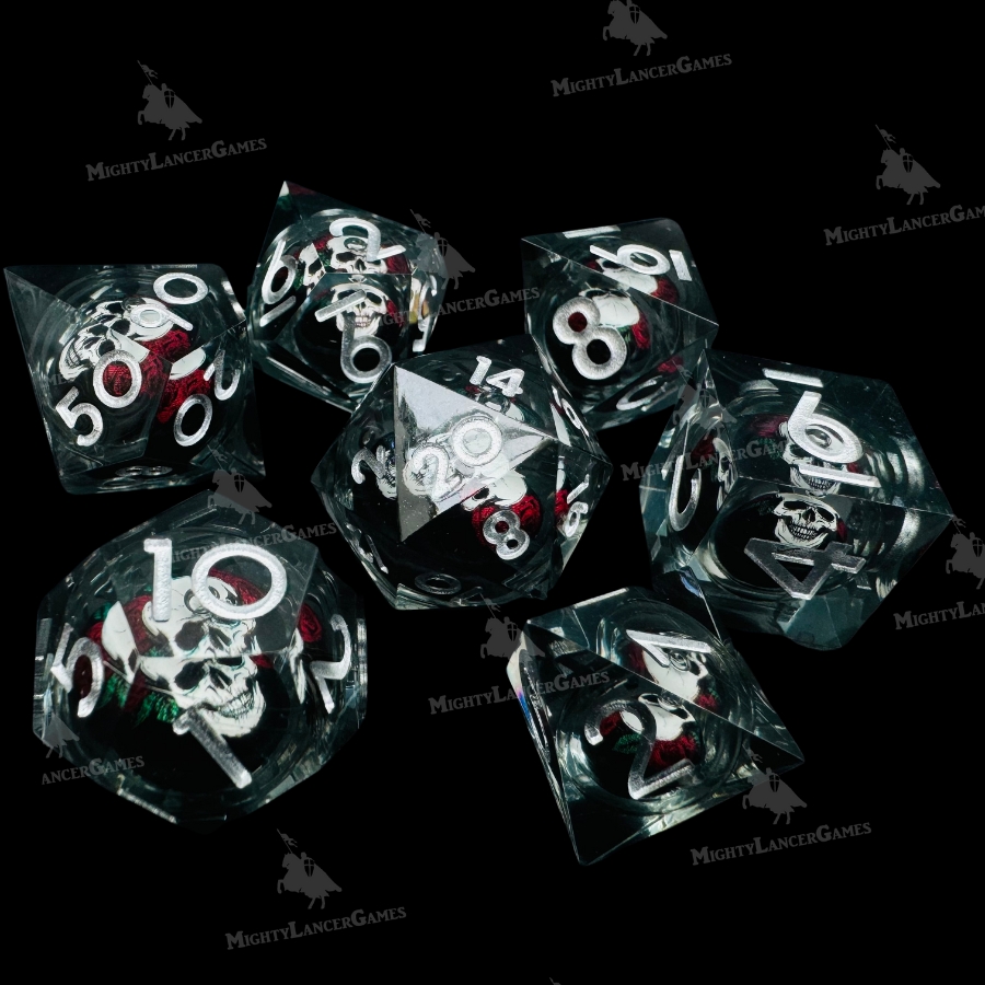 White Skull Liquid Core Dice in Case With Silver Numbers